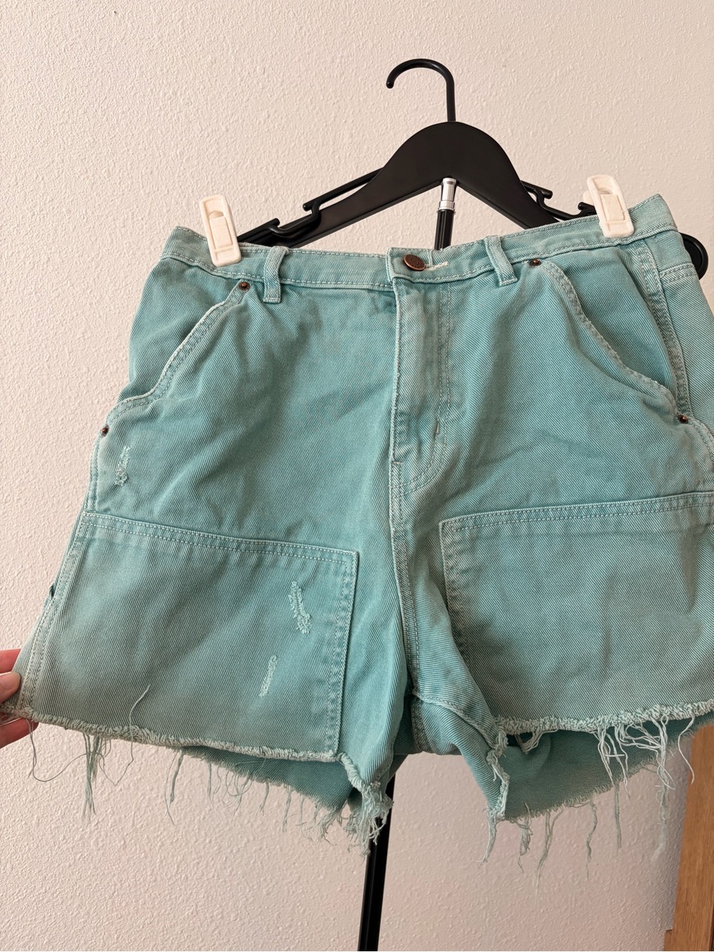 BDG Light Teal High-Rise Frayed Hem Denim Shorts